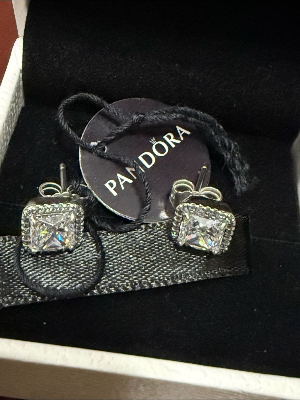 Pandora Square Halo Cubic Zirconia Stud Earrings - Silver